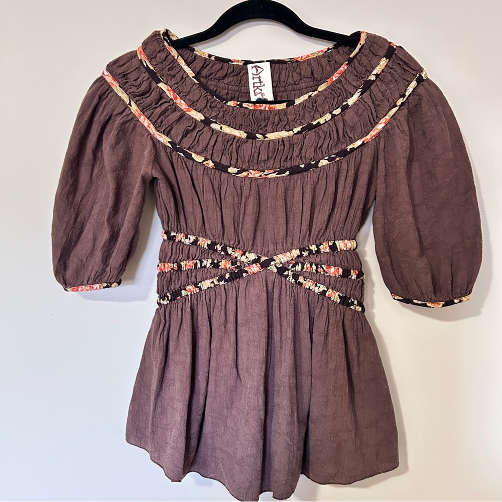Artka Brown Boho Cotton Top – Smocked Waist
